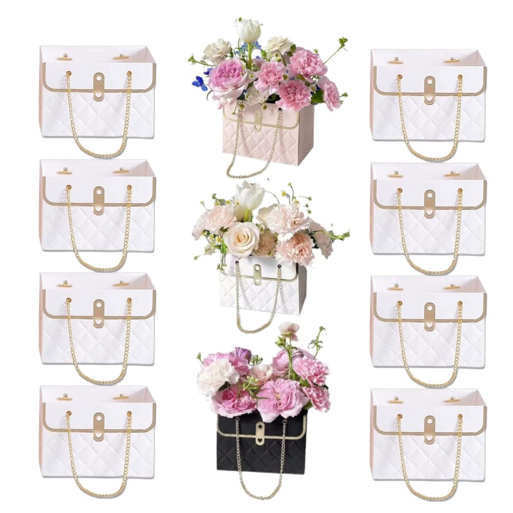 Kuzeelon 8pcs Flower Paper Gift Box - Valentine's Day Gift Wrap Bags with Metal Chain (White-8PCS)