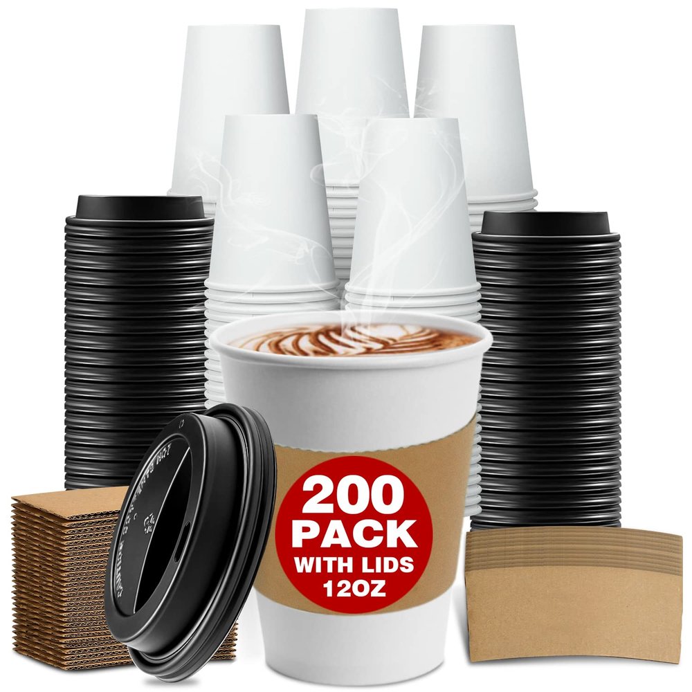 Charmount [200 Set] 12 oz Thickened Disposable Paper Coffee Cups with Lids and Sleeves,To Go Cups for Hot & Cold Beverages Tea Hot Chocolate