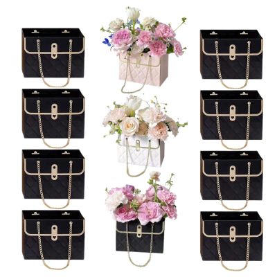 KUZEOLON 8pcs Flower Paper Gift Box,valentines day bag Gift Box,Bouquet Bags Flower Box with metal chain Gift Case,Flower Boxes for Arrangements Wedding Valentine's Day Gift Wrap Bags (Black)