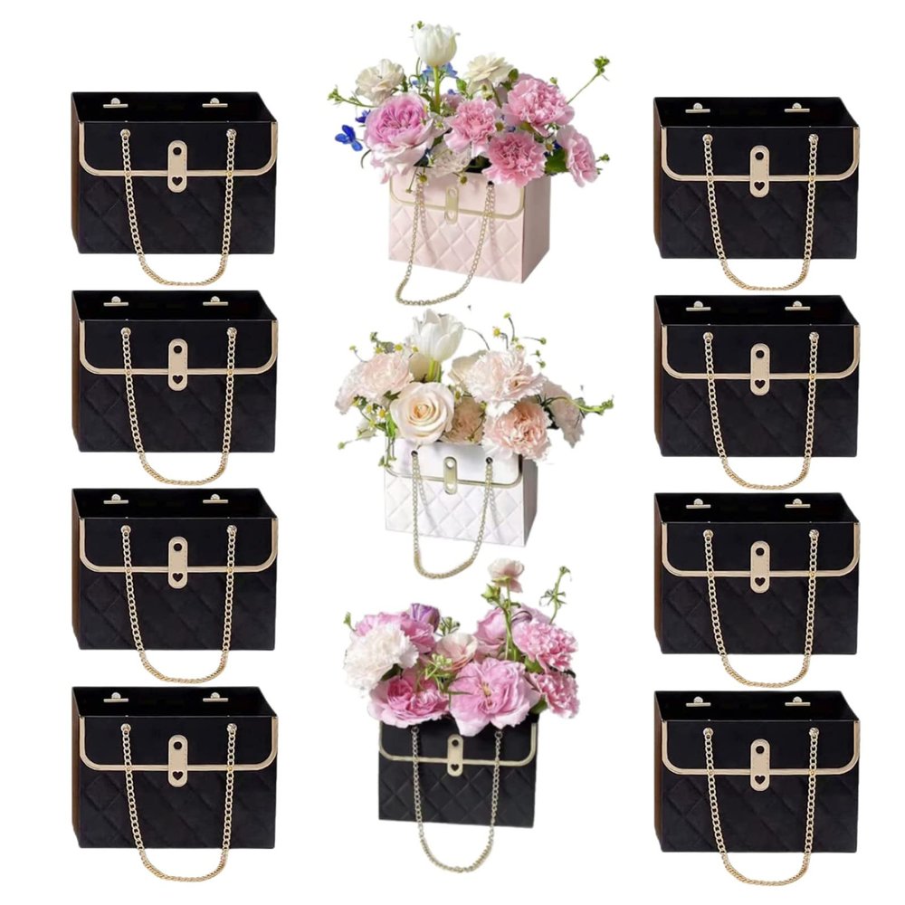 KUZEOLON 8pcs Flower Paper Gift Box,valentines day bag Gift Box,Bouquet Bags Flower Box with metal chain Gift Case,Flower Boxes for Arrangements Wedding Valentine's Day Gift Wrap Bags (Black)