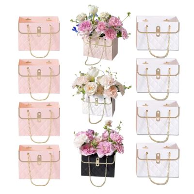 KUZEOLON 8pcs Flower Paper Gift Box, valentines Day bag Gift Box, Bouquet Bags Flower Box with metal chain Gift Case, Flower Boxes for Arrangements Wedding Valentine's Day Gift Wrap Bags (Pink + White)