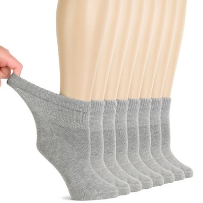 Hugh Ugoli Diabetic Socks for Women, Super Soft & Thin Ankle Socks, Wide & Loose, Non-Binding Top & Seamless Toe, 8 Pairs, Light Grey, Shoe Size: 10-12
