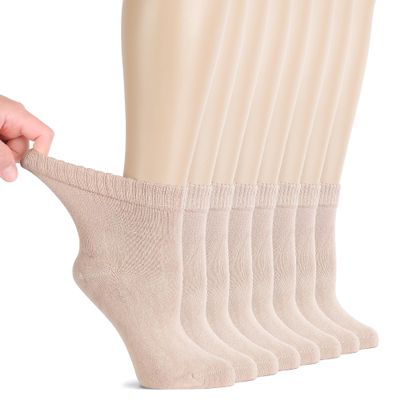 Hugh Ugoli Diabetic Socks for Women, Super Soft & Thin Ankle Socks, Wide & Loose, Non-Binding Top & Seamless Toe, 8 Pairs, Light Beige, Shoe Size: 10-12