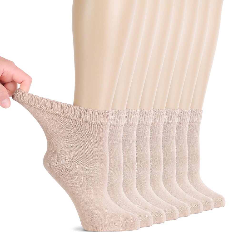 Hugh Ugoli Diabetic Socks for Women, Super Soft & Thin Ankle Socks, Wide & Loose, Non-Binding Top & Seamless Toe, 8 Pairs, Light Beige, Shoe Size: 10-12