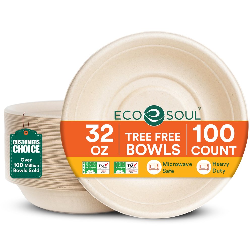 ECO SOUL 32 Oz Compostable Disposable Paper Bowls [100 Pack] Food Safe Leak-Free 100% Virgin Bagasse Biodegradable Heavy Duty Ramen Soup Bowl for Hot & Cold Food Microwave Safe [Small, Round, Brown]