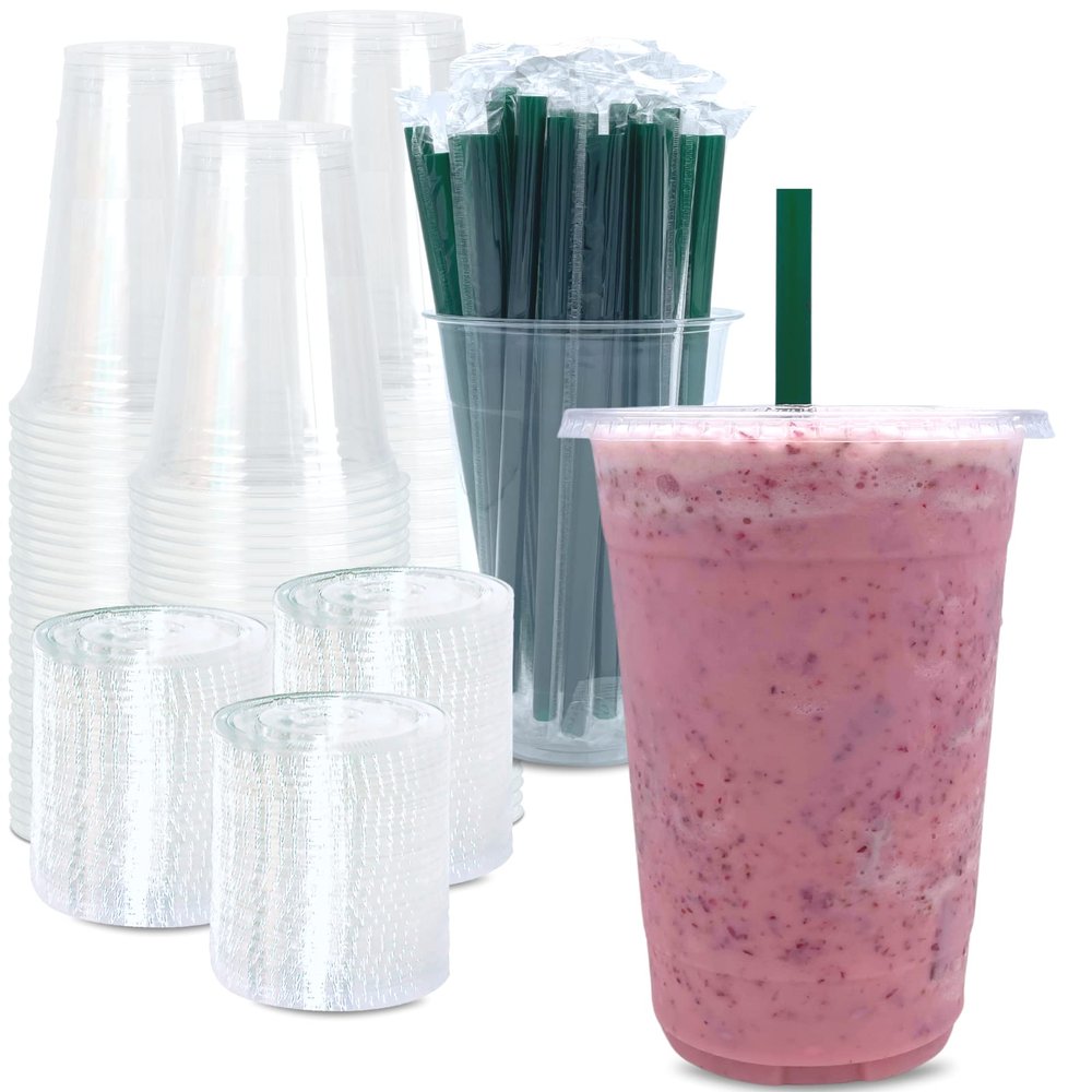 [100 SETS] 32 oz Clear Plastic Cups with Lids and STRAWS, Disposable Drinking Cups for Cold Drinks, Iced Coffee, Milkshakes, Smoothies