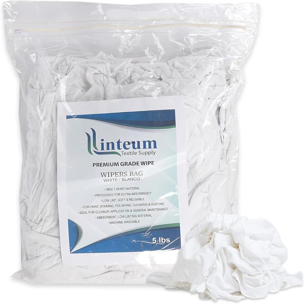 Linteum Textile Supply White Tshirt Rags 5 lb Bag Staining and Finishing Wiping Towels for Auto, Painting Wood Polishing Jersey Knit Poly Cotton Wiper Rag T-Shirt Material Reusable Cleaning Cloths