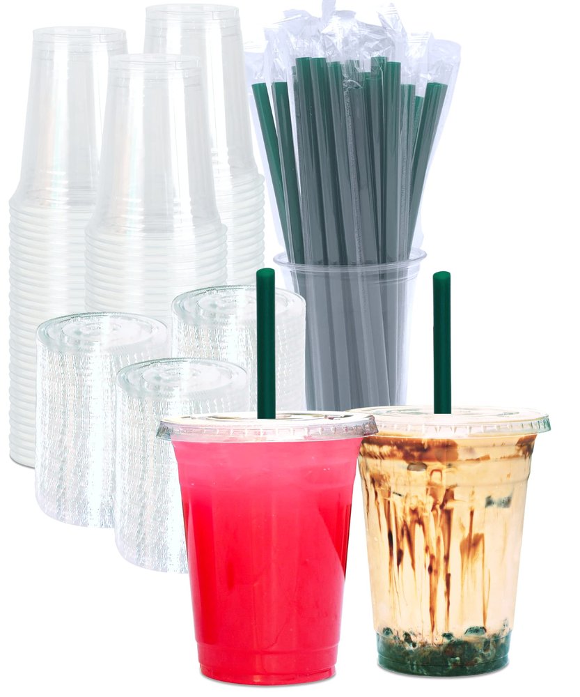 [100 SETS] 16 oz Clear Plastic Cups with Lids and STRAWS, Disposable Iced Coffee cups with Lids, Clear Cups with Lids for Cold Drinks, Iced Tea, Milkshakes, Smoothies