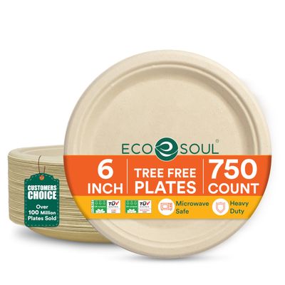 ECO SOUL 6 Inch Compostable Disposable Paper Plates [750 Pack] Food Safe 100% Virgin Bagasse Pulp Heavy Duty Microwave Safe Small Round Dessert Appetizer Plate for Party, Picnic & BBQ (Brown)