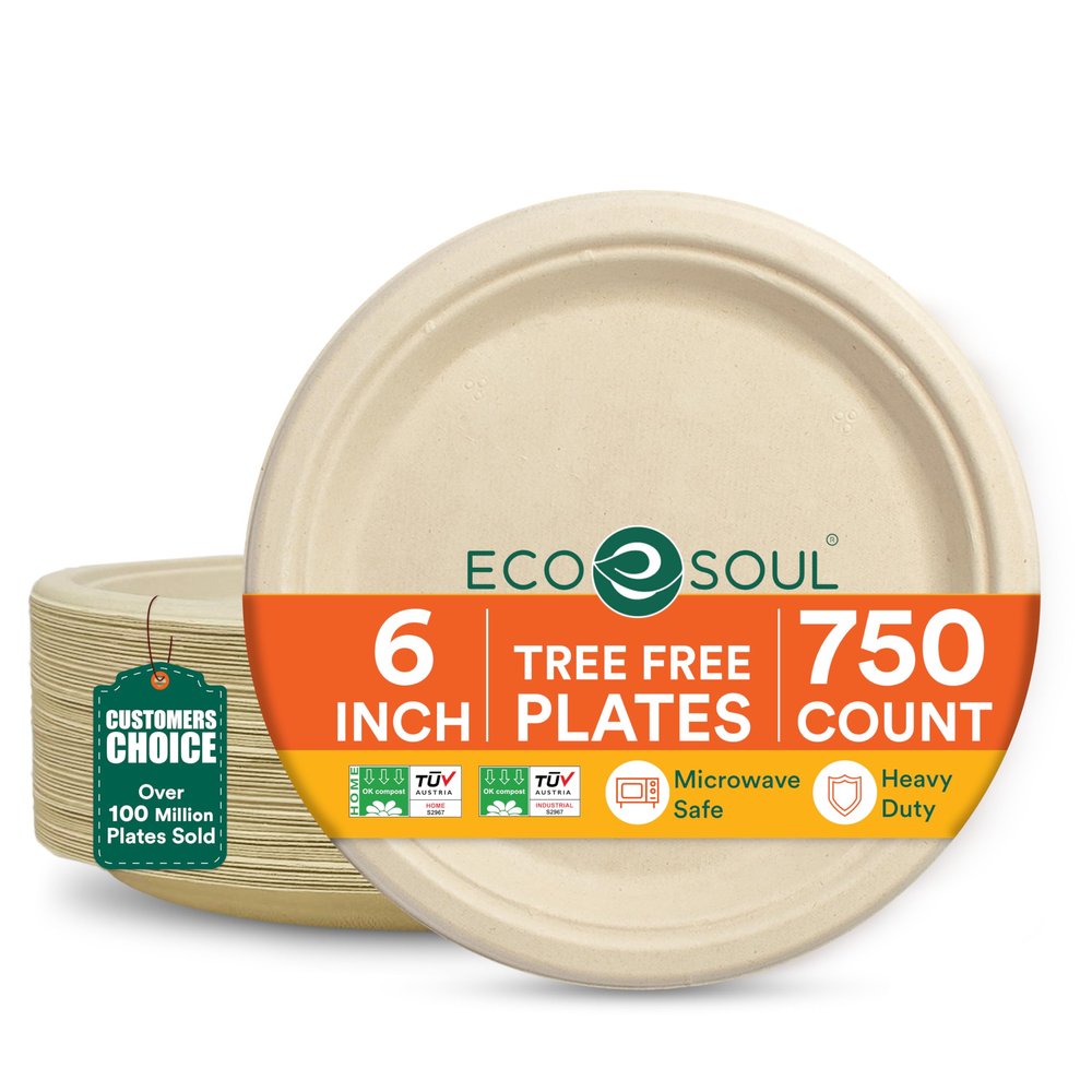 ECO SOUL 6 Inch Compostable Disposable Paper Plates [750 Pack] Food Safe 100% Virgin Bagasse Pulp Heavy Duty Microwave Safe Small Round Dessert Appetizer Plate for Party, Picnic & BBQ (Brown)