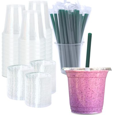 [100 SETS] 12 oz Clear Plastic Cups with Lids and STRAWS, Disposable Iced Coffee cups with lids, Clear Cups with Lids for Cold Drinks, Iced Tea, Milkshakes, Smoothies