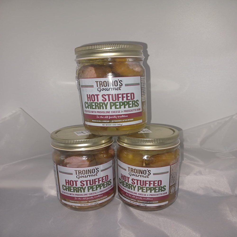 Troino's Gourmet Hot Stuffed Cherry Peppers with Prosciutto & Provolone, 12 Ounce Jars, 3-PACK