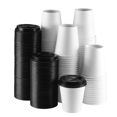 NYHI 200 Pack 10 oz White Paper Disposable Coffee Cups with Black Lids Hot Cold Beverage Drinking Cup for Water Juice Espresso Tea Ideal for Water Coolers Party