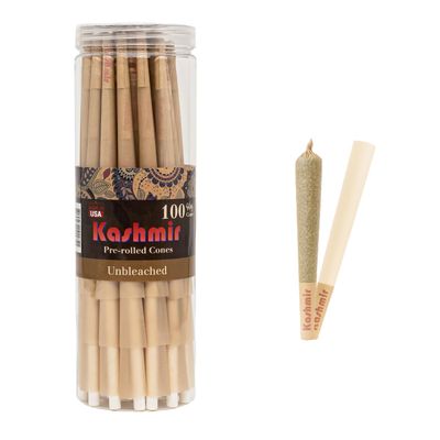 Kashmir PreRoll Cones King Size  100 Pack Unbleached Rolling Papers with W-Shaped Tips  Natural Fiber Cones  Slow Burn, Easy Fill, Even Smoke  108mm Pre Rolls