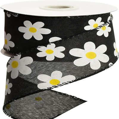 GorinsKani 10 Yard 2.5" Daisy Ribbon with Wired Edge Summer Spring Flower Ribbon for Gift Wrapping Party Decoration (Black)