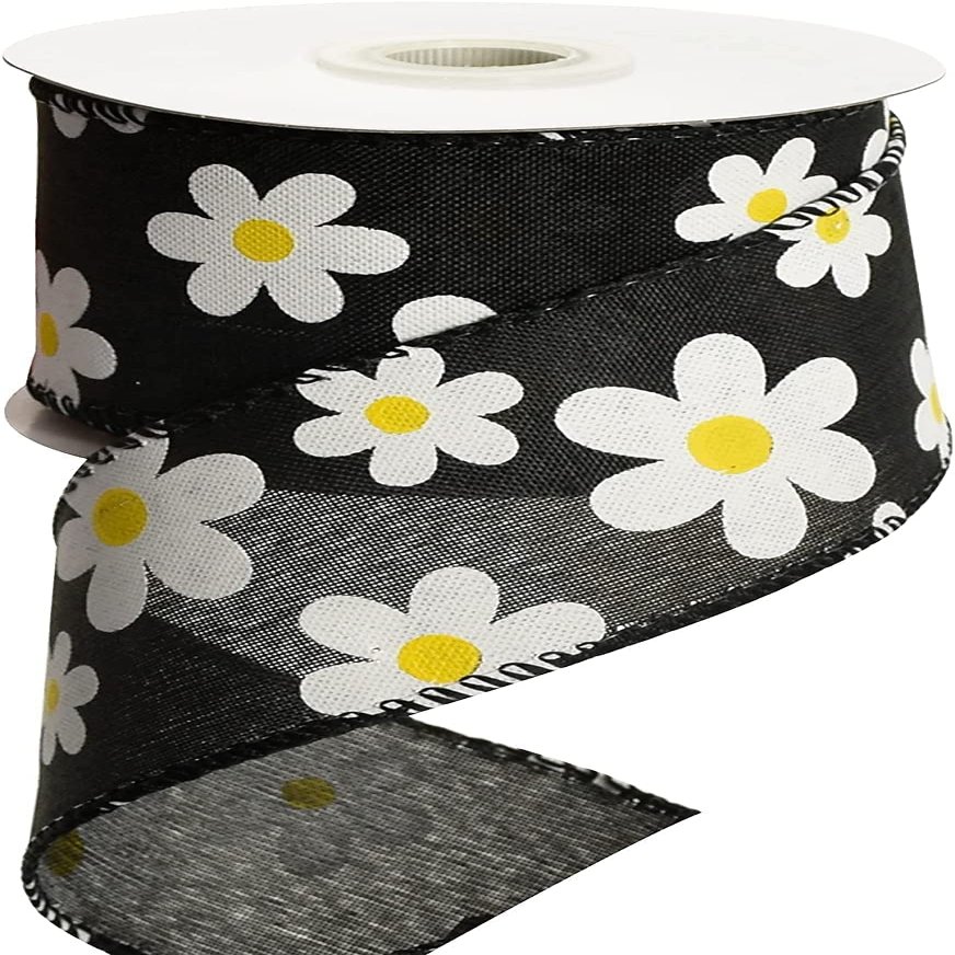 GorinsKani 10 Yard 2.5" Daisy Ribbon with Wired Edge Summer Spring Flower Ribbon for Gift Wrapping Party Decoration (Black)
