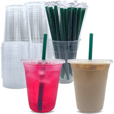 [100 Sets] 20 oz Clear Plastic Cups with Lids and STRAWS, Disposable Party Cups for To Go Iced Coffee Cold Drinks, Smoothie, Juice, Parfait, Frappuccino, Milkshake. No Leaking Fruit Cup