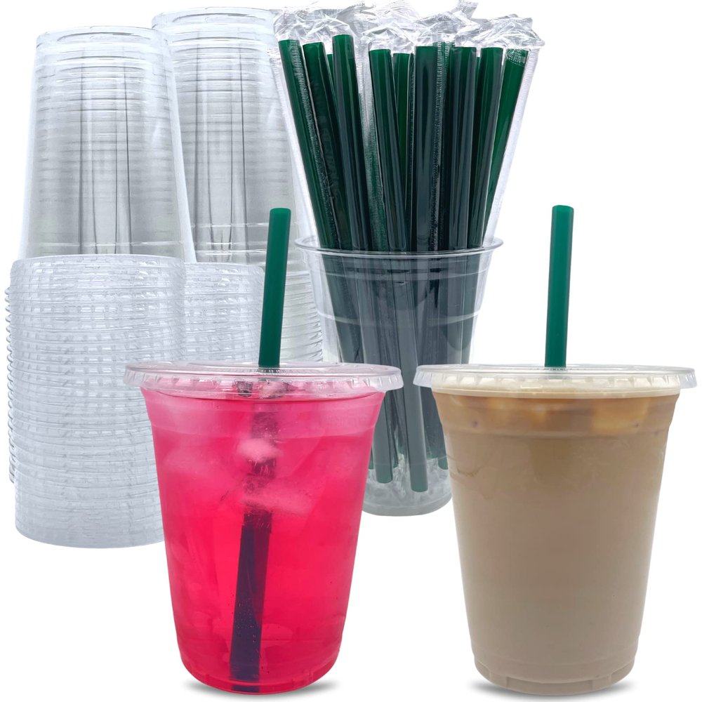 [100 Sets] 20 oz Clear Plastic Cups with Lids and STRAWS, Disposable Party Cups for To Go Iced Coffee Cold Drinks, Smoothie, Juice, Parfait, Frappuccino, Milkshake. No Leaking Fruit Cup