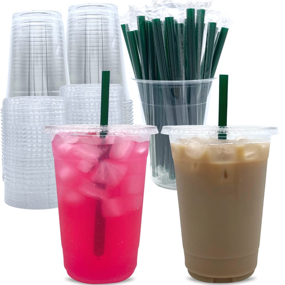 [100 Sets] 32 oz Clear Plastic Cups with Lids and STRAWS, Disposable Party Cups for To Go Iced Coffee Cold Drinks, Smoothie, Juice, Parfait, Frappuccino, Milkshake. No Leaking Fruit Cup