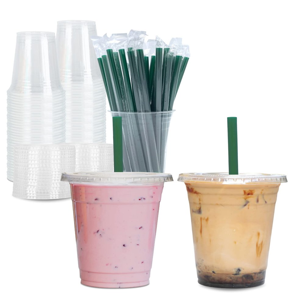 [100 Sets] 16 oz Clear Plastic Cups with Lids and STRAWS, Disposable Party Cups for To Go Iced Coffee Cold Drinks, Smoothie, Juice, Parfait, Frappuccino, Milkshake. No Leaking Fruit Cup