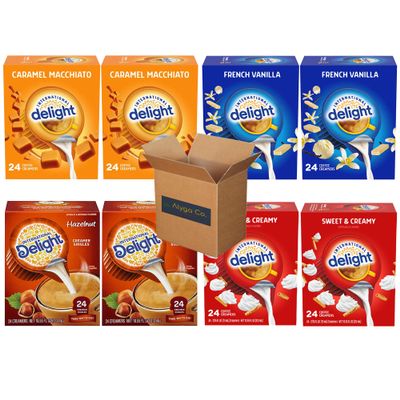 International Delight Creamer Singles Variety Pack Bundle 4 Flavors. 2 Caramel Macchiato, 2 French Vanilla, 2 Hazelnut and 2 Sweet & Creamy (8 Boxes of 24 creamers in Total per box)