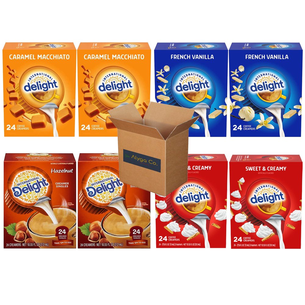 International Delight Creamer Singles Variety Pack Bundle 4 Flavors. 2 Caramel Macchiato, 2 French Vanilla, 2 Hazelnut and 2 Sweet & Creamy (8 Boxes of 24 creamers in Total per box)