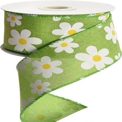 GorinsKani 10 Yard 2.5" Daisy Ribbon with Wired Edge Summer Spring Flower Ribbon for Gift Wrapping Party Decoration (Green)