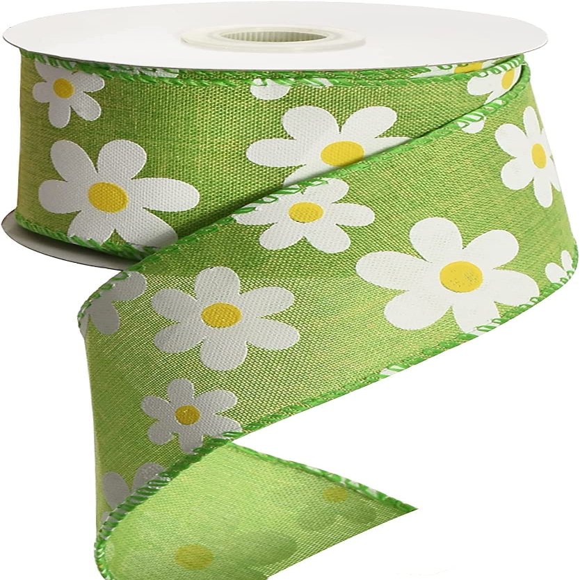 GorinsKani 10 Yard 2.5" Daisy Ribbon with Wired Edge Summer Spring Flower Ribbon for Gift Wrapping Party Decoration (Green)
