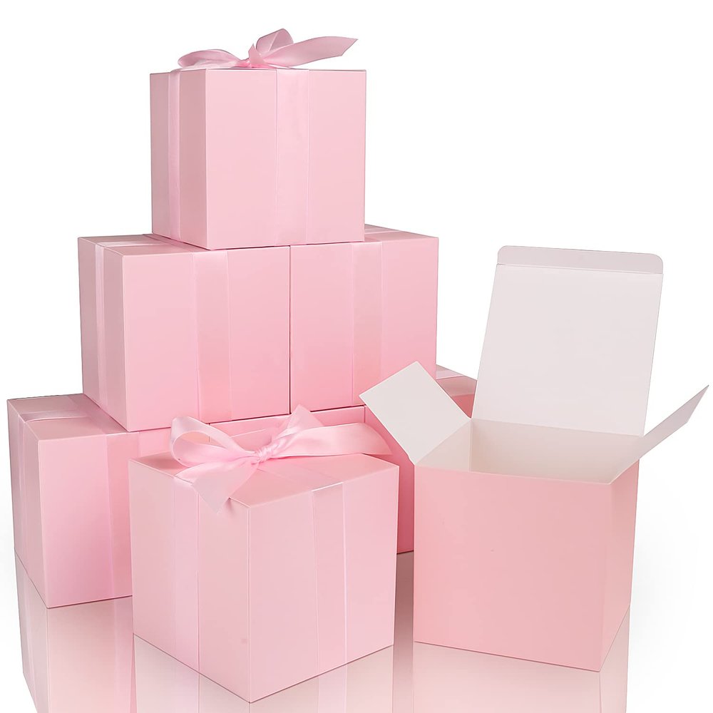 COTOPHER Small Gift Boxes 25 Pack 5x5x5 inches Pink Gift Boxes with Lids for Gifts, Crafting, Wedding Party Favor, Cupcake Boxes, Candy, Bridesmaids Proposal Box with Ribbons and Stickers