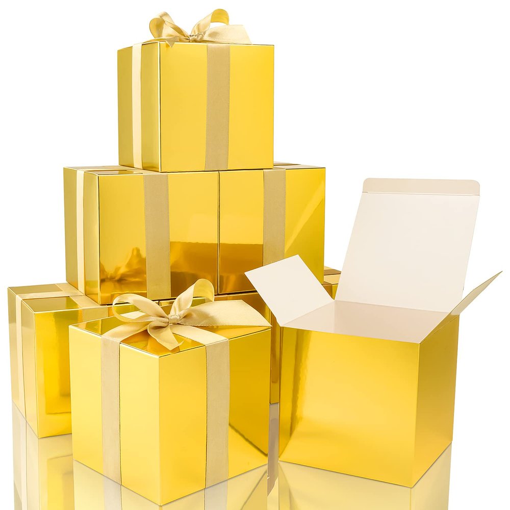 COTOPHER Small Gift Boxes 25 Pack 5x5x5 inches Gold Gift Boxes with Lids for Gifts, Crafting, Wedding Party Favor, Cupcake Boxes, Candy, Bridesmaids Proposal Box with Ribbons and Stickers