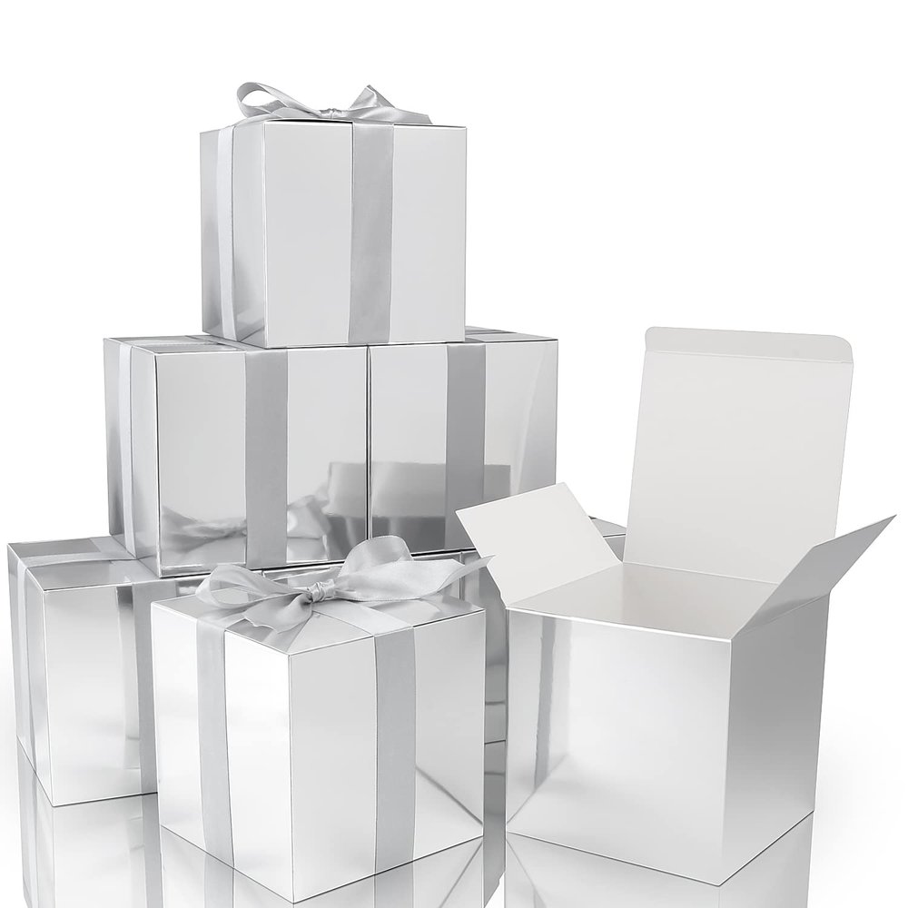 COTOPHER Small Gift Boxes 25 Pack 5x5x5 inches Silver Gift Boxes with Lids for Gifts, Crafting, Wedding Party Favor, Cupcake Boxes, Candy, Bridesmaids Proposal Box with Ribbons and Stickers