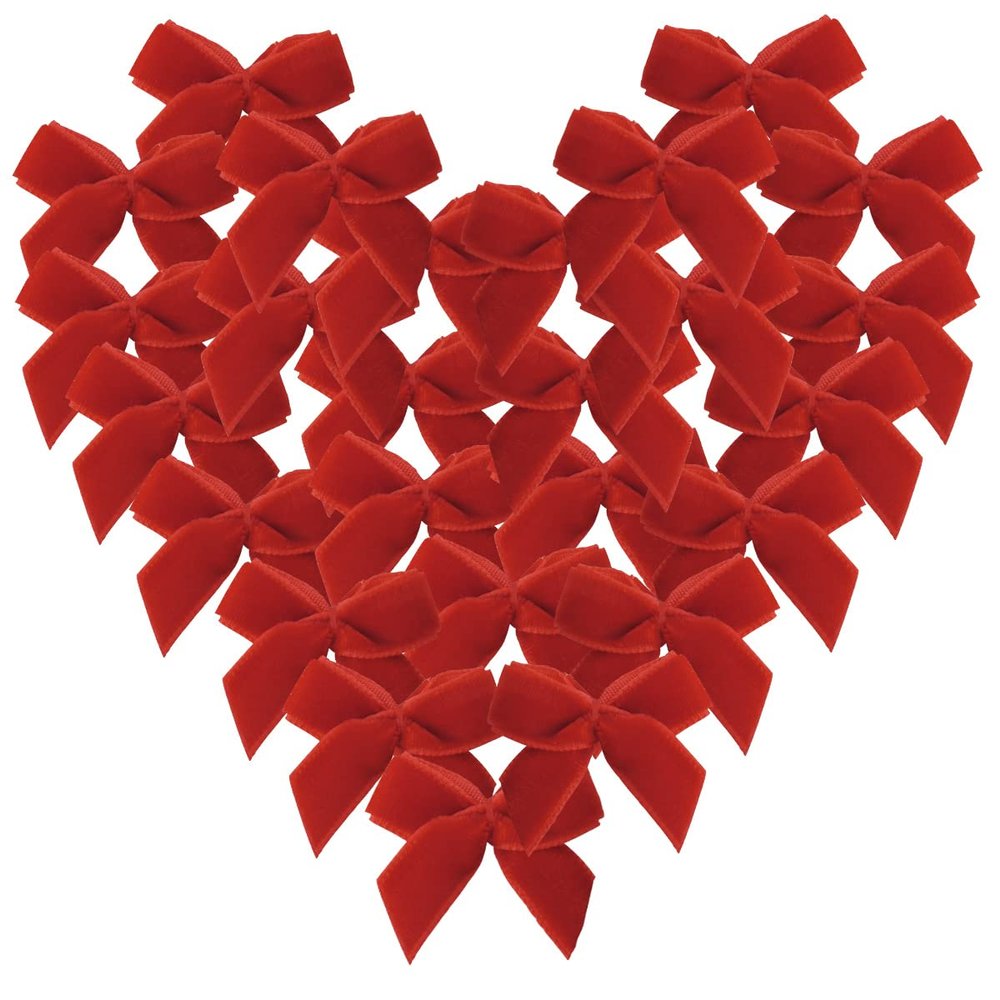 Micomon 50pcs 1.2-Inch Red Velvet Mini Ribbon Bows for Crafts, Wedding, Gift, Sewing, Scrapbooking, Hair Bows, Belts - Classic Style, Christmas, Holiday Occasion - Red Hearts