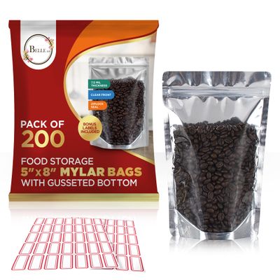 BELLE KR Pint 5x8 Mylar Bags for Food Storage - Pack Of 200-7.5mil Thickness - Stand Up Clear Mylar Bags with See Through Window - Resealable