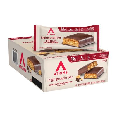 Atkins Chocolate Peanut Butter Protein Meal Bar, High Fiber, 16g Protein, Low Sugar, 3g Net Carb, Low Carb, Keto Friendly, 12 Count