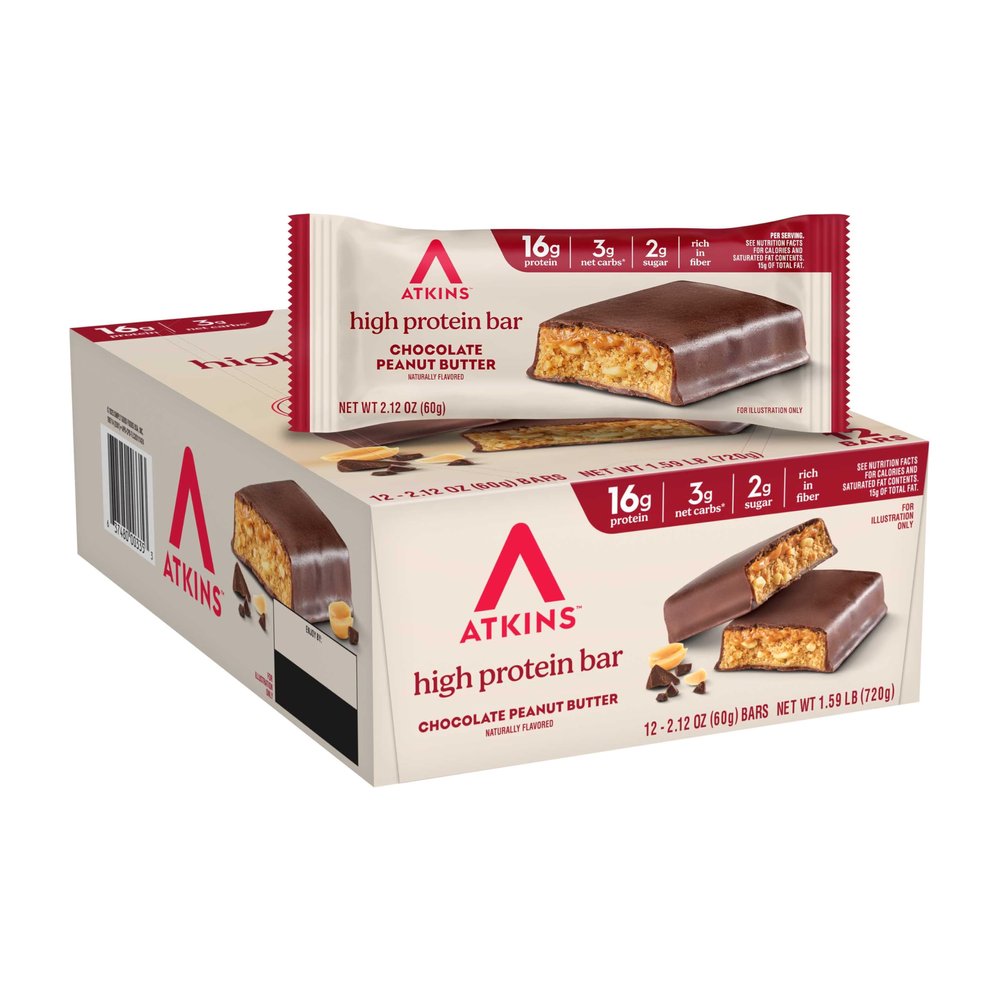 Atkins Chocolate Peanut Butter Protein Meal Bar, High Fiber, 16g Protein, Low Sugar, 3g Net Carb, Low Carb, Keto Friendly, 12 Count