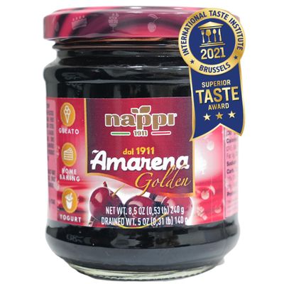 Nappi 1911, Amarena Cherries, 8.40 oz (240 g), Cocktail Cherries, Italian Cherry for Premium Cocktails and Desserts, Superior Taste Award Winning 2022, Amarena Golden in Syrup. Product of Italy.