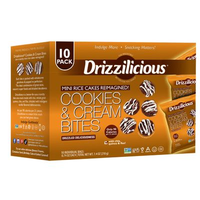 Drizzilicious Mini Flavored Rice Cakes Cookies & Cream - Rice Crisps, Healthy Snack for Adults and Kids, Vegan, Gluten Free Snack, Allergen Free, Only 90 Calories Per Bag - 0.74 oz (Pack of 10)