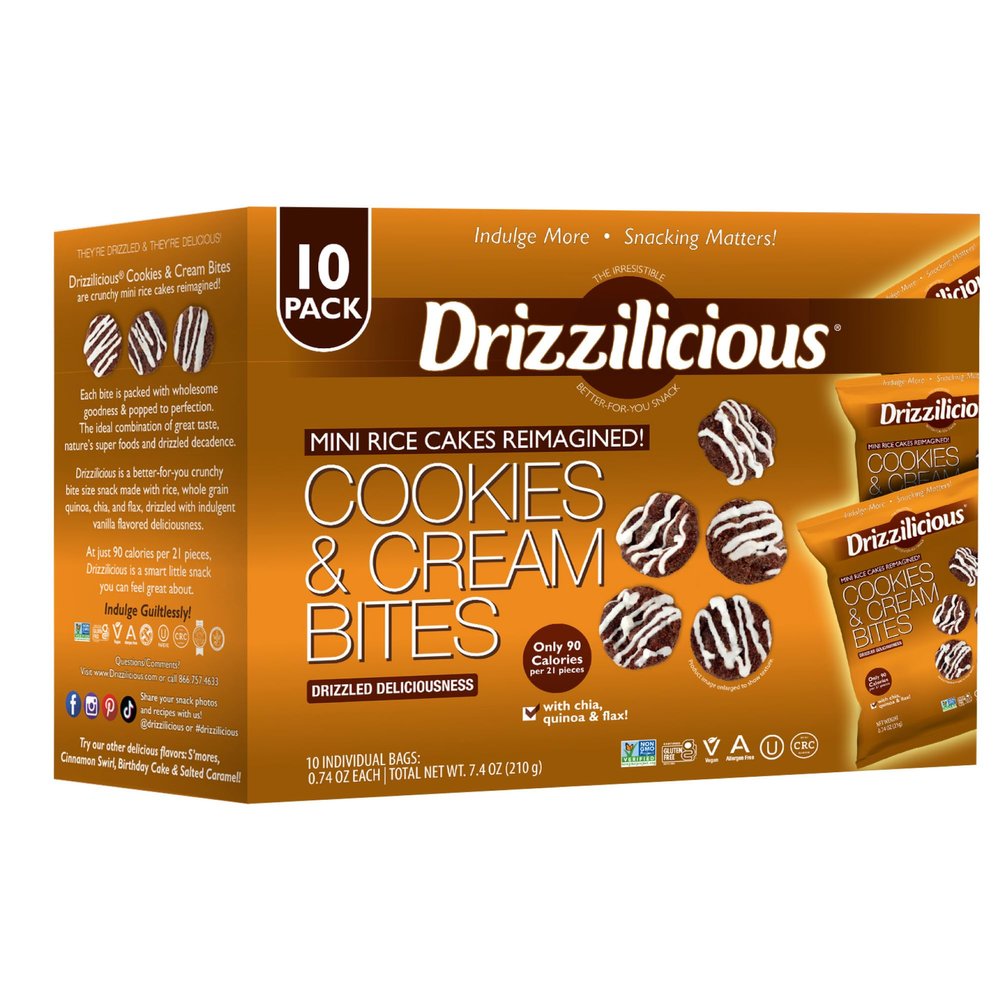 Drizzilicious Mini Flavored Rice Cakes Cookies & Cream - Rice Crisps, Healthy Snack for Adults and Kids, Vegan, Gluten Free Snack, Allergen Free, Only 90 Calories Per Bag - 0.74 oz (Pack of 10)