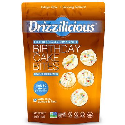 Drizzilicious Mini Flavored Rice Cakes Birthday Cake - Rice Crisps, Healthy Snack for Adults and Kids, Vegan, Gluten Free Snack, Allergen Free, Only 90 Calories Per 21 Pieces - 4 oz (Pack of 6)
