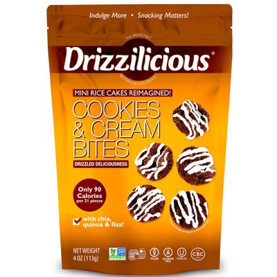 Drizzilicious Mini Flavored Rice Cakes Cookies & Cream - Rice Crisps, Healthy Snack for Adults and Kids, Vegan, Gluten Free Snack, Only 90 Calories Per 21 Pieces - 4 oz (Pack of 6)