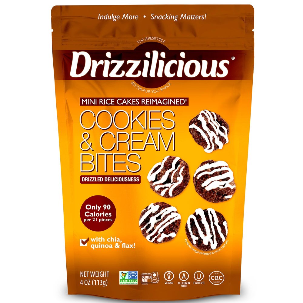 Drizzilicious Mini Flavored Rice Cakes Cookies & Cream - Rice Crisps, Healthy Snack for Adults and Kids, Vegan, Gluten Free Snack, Only 90 Calories Per 21 Pieces - 4 oz (Pack of 6)