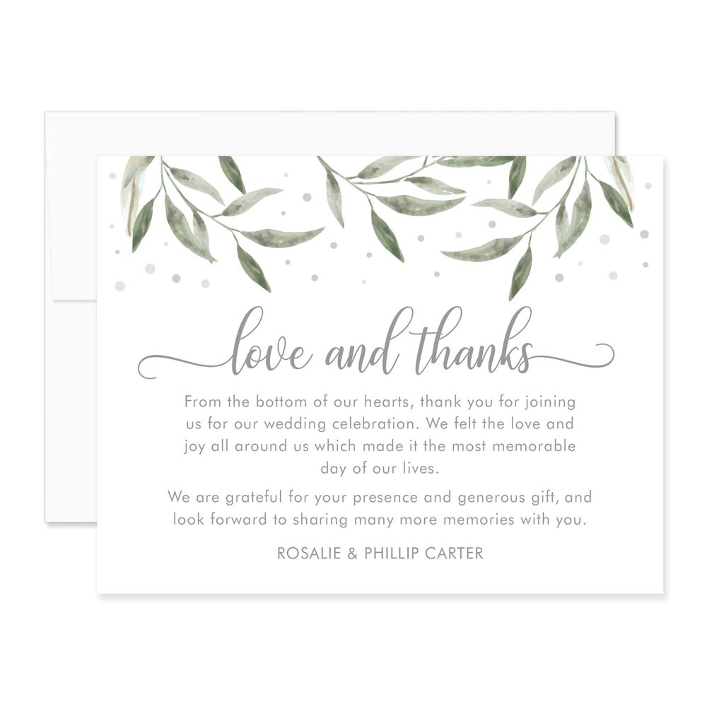 Personalized Love and Thanks Wedding Thank You Cards with Message, 5.5x4.25" Modern Greenery Flat Cards with Envelopes