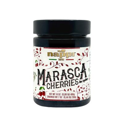Marasca Cherries in Syrup, 14.10 oz (400 g), Sweet and Sour, Premium Quality, Award Winning, Maraschino Black Pitted Cherries, Product of Italy, Nappi 1911