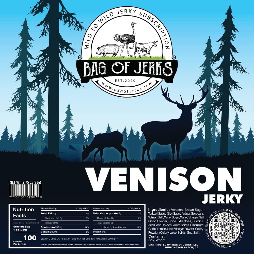 Bag of Jerks Venison Jerky offering The FRESHEST Exotic Venison Jerky on The Market - 100% Deer Meat, no fillers (2.75 oz)