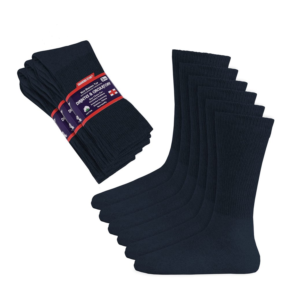 Diamond Star Diabetic Socks, Non-Binding Circulatory Cushion Cotton Crew Diabetic Socks for Men Women 10-13 (3 Pairs Navy)