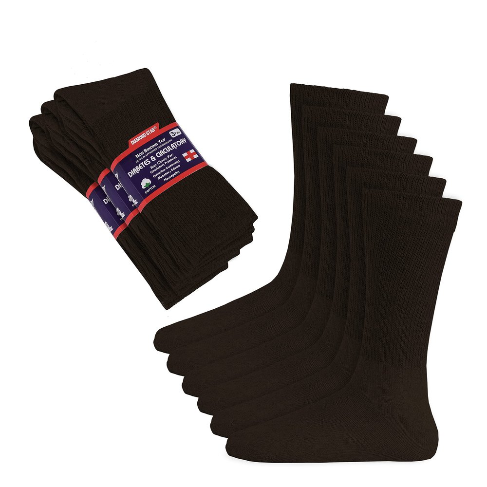 Diamond Star Diabetic Socks, Non-Binding Circulatory Cushion Cotton Crew Diabetic Socks for Men Women 9-11 (3 Pairs Brown)