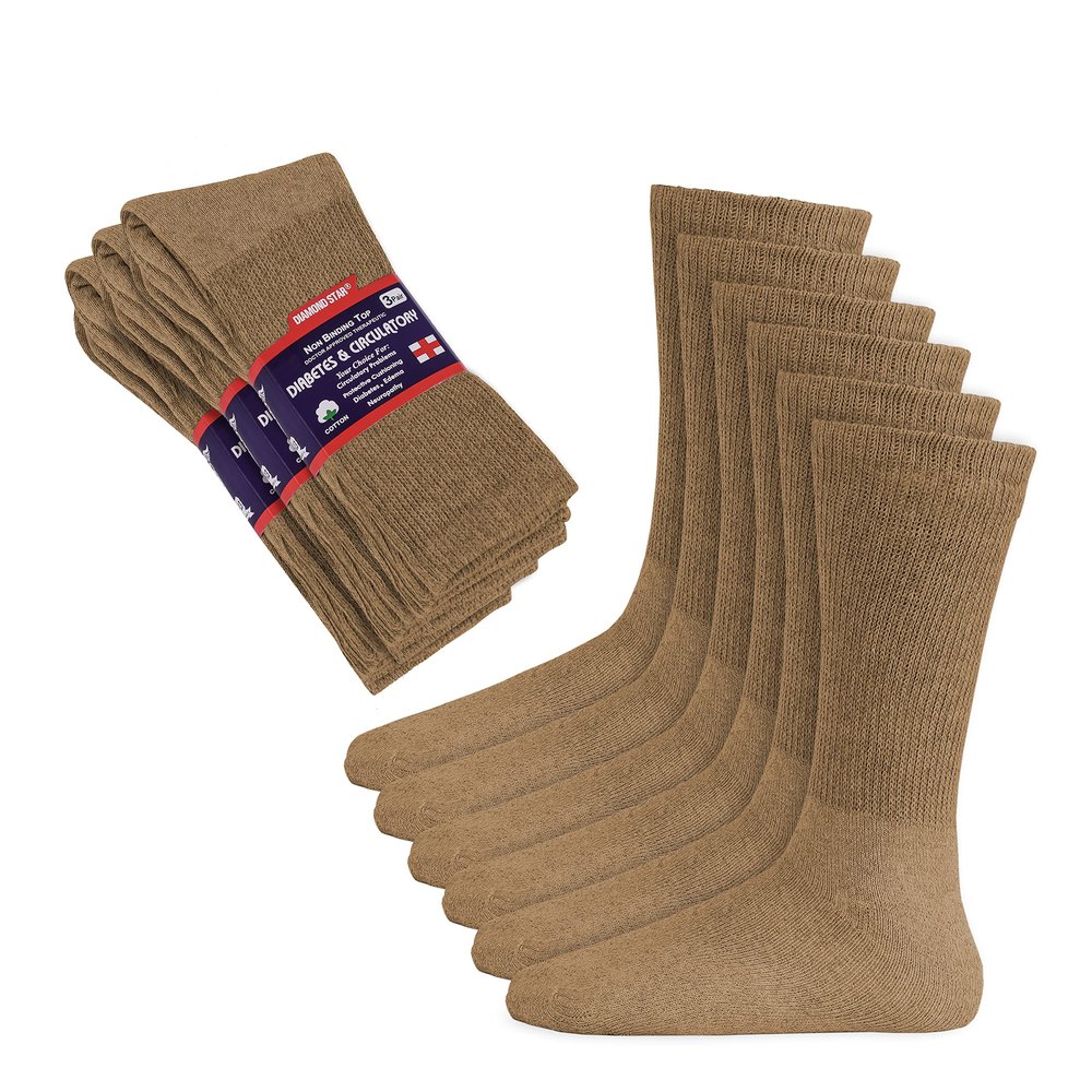 Diamond Star Diabetic Socks, Non-Binding Circulatory Cushion Cotton Crew Diabetic Socks for Men Women 13-15 (3 Pairs Khaki)