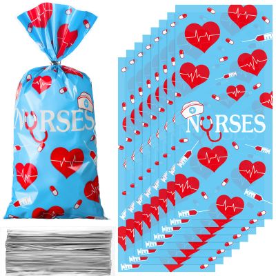 100 Pack Nurses Week Gift Bags - Bulk Candy Bags for National Nurse Day, Nursing Graduation, Doctor Theme Party Favors (Blue)