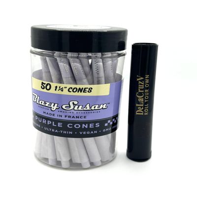 Blazy Susan Purple Pre-Rolled Cones 1 1/4 Slow Burning Ultra Thin 50 Counts per JAR and DeLaCruzV Tube.