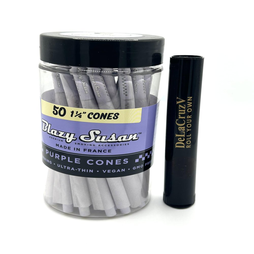 Blazy Susan Purple Pre-Rolled Cones 1 1/4 Slow Burning Ultra Thin 50 Counts per JAR and DeLaCruzV Tube.
